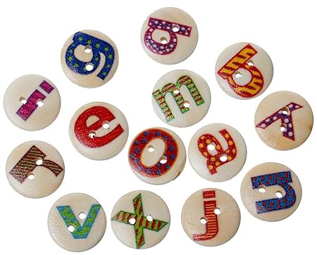 SiAura Material 200 Stück Holzknöpfe Rund Buchstaben Naturfarben Bunt Muster, Durchmesser 15mm, 2 Löcher