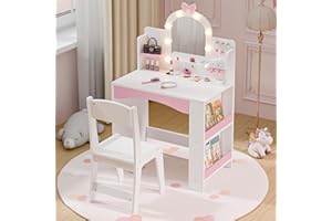 MU Kids Vanity with Lights, Princess Makeup Vanity Table and Chair Set for Girls, Toddler Vanity Desk with Open Bookshelf, Storage Cabinet & Shelves, Stools, White