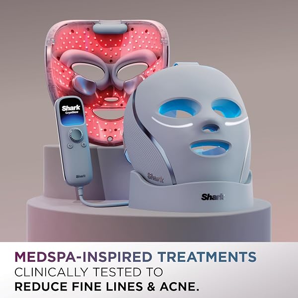 SHARK CRYOGLOW LED FACE MASK WITH UNDER-EYE COOLING, ANTI-AGEING & BLEMISH REPAIR, RED & BLUE LED, INFRARED LIGHT THERAPY, USB-C, REMOTE CONTROL, STORAGE BAG, BLUE FROST, FW312