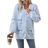 Libsorge Womens Valentine Bow Pocket V Neck Cardigan Sweaters Spring 2026 Oversized Cute Button Pocket Long Sleeve Sweaters