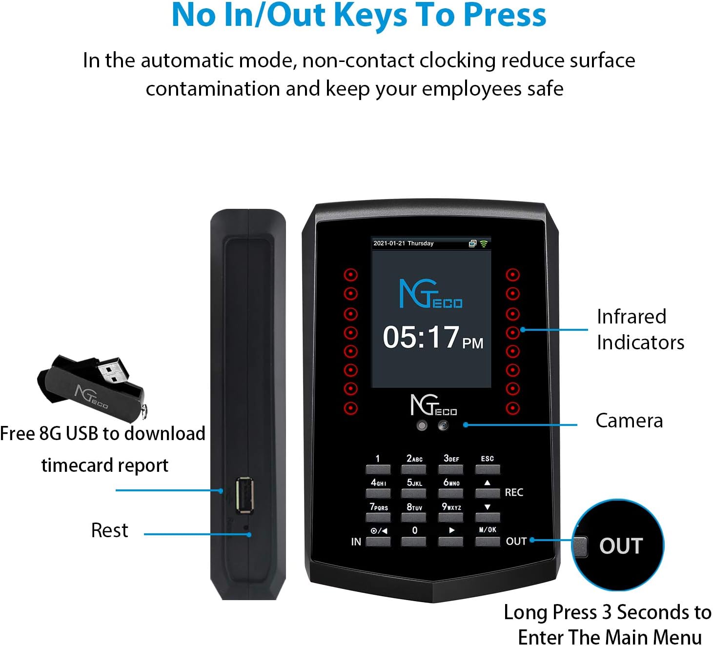 Face Recognition Time Clock, NGTeco Biometric Time Clocks for Employees Small Business In and Out - 2.4Ghz WiFi LAN Facial Touch-Free Time Attendance Machine with APP for iOS/Android(0 Monthly Fees) : Electronics