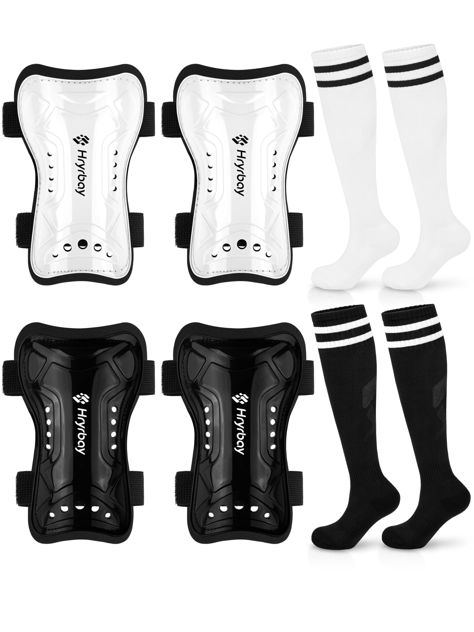 Photo 1 of Hryrbay 2 Pairs Kids Soccer Shin Guards and Socks Set Toddler Shin Pads Protective Gear for Boys Girls Ages 3-15, Perfect for Playing Training or Games Inspired by the World Cup Black, White M
