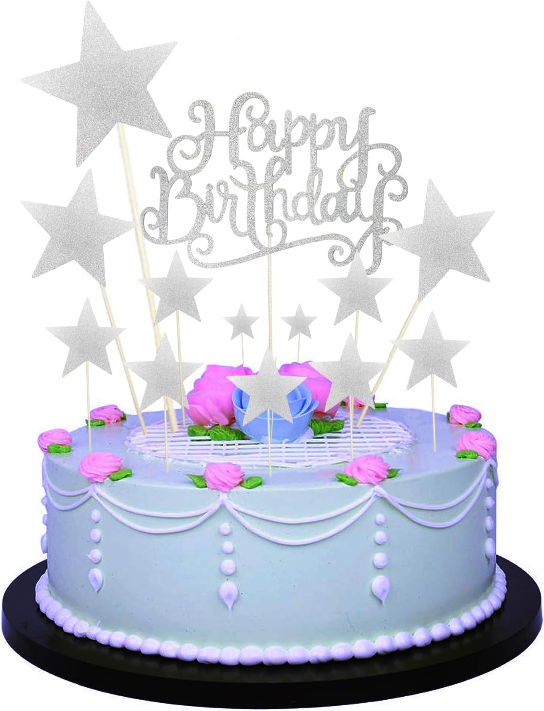 Allazone 1 PCS Silver Birthday Cake Decoration Silver Happy Birthday Handmade Cake Topper and 12 PCS Silver Pentacle Stars Cake Toppers Decoration for Party Decoration