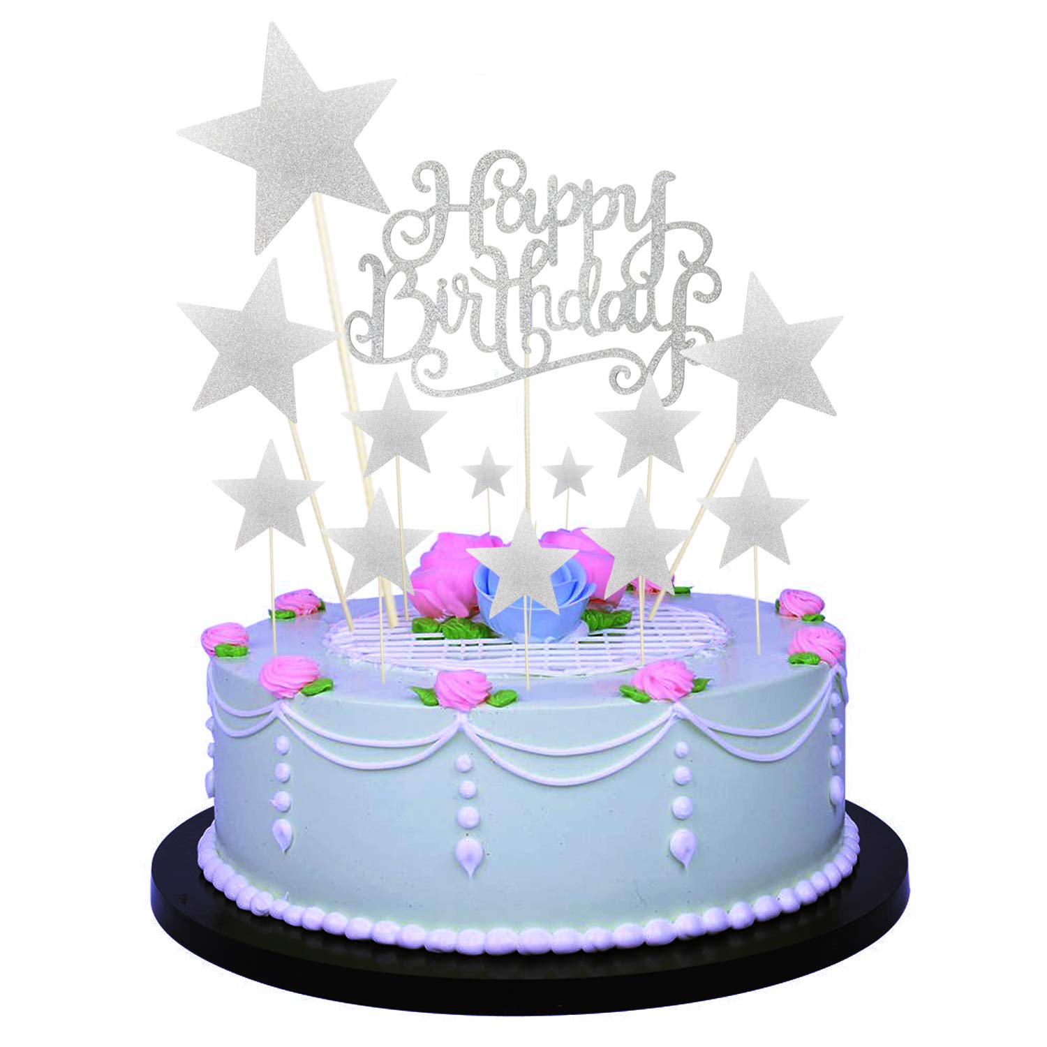 Allazone Silver Happy Birthday Cake Topper with 12 Pentacle Stars for Party Decoration