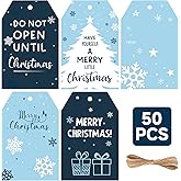 Anwyll Christmas Gift Tags with String - 50Pcs Blue Merry Christmas Name Tags for Gift Xmas to from Tag Have A Merry Little Christmas Tree Label Tag for Present Wrap Goodie Bags Holiday Party Favors