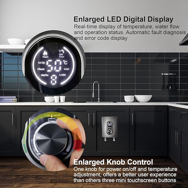 LECLOC MINI TANKLESS UNDER SINK INSTANT HOT WATER HEATER ELECTRIC 3KW 120V PLUG-IN, ENLARGED LED DIGITAL DISPLAY, KNOB CONTROL, IPX4, MULTIPROTECTIVE, 30-55℃ THERMOSTATIC ON DEMAND WATER HEATER, GRAY