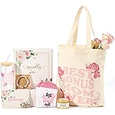 Bonus Mom Birthday Gifts Basket from Daughter Son, Mothers Day Birthday Unique Thank You Gift Set for Step Mom,Mother in Law, New Mom, Stepmother Glass Cup Bag Socks Candle Bracelet Keychain