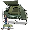 GYMAX Tent Cot, 5-in-1 Folding Camping Cot with Mattress & Pillows, Sleeping Bags, Sunshade, Camping Tent Elevated with Carrying Bag for Outdoor Hiking, Fishing, Picnic