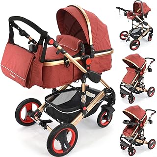 Daliya Bambimo 3 in 1 Kinderwagen - Kombikinderwagen Riesenset 14-Teilig incl. Babywanne & Buggy & Auto-Babyschale - Alu-Rahmen/Voll-Gummireifen - Wickeltasche/Regenschutz/Kindertisch in Elegance Rot