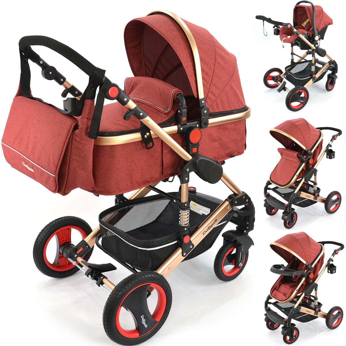 Daliya Bambimo 3 in 1 Kinderwagen - Kombikinderwagen Riesenset 14-Teilig incl. Babywanne & Buggy & Auto-Babyschale - Alu-Rahmen/Voll-Gummireifen - Wickeltasche/Regenschutz/Kindertisch in Elegance Rot