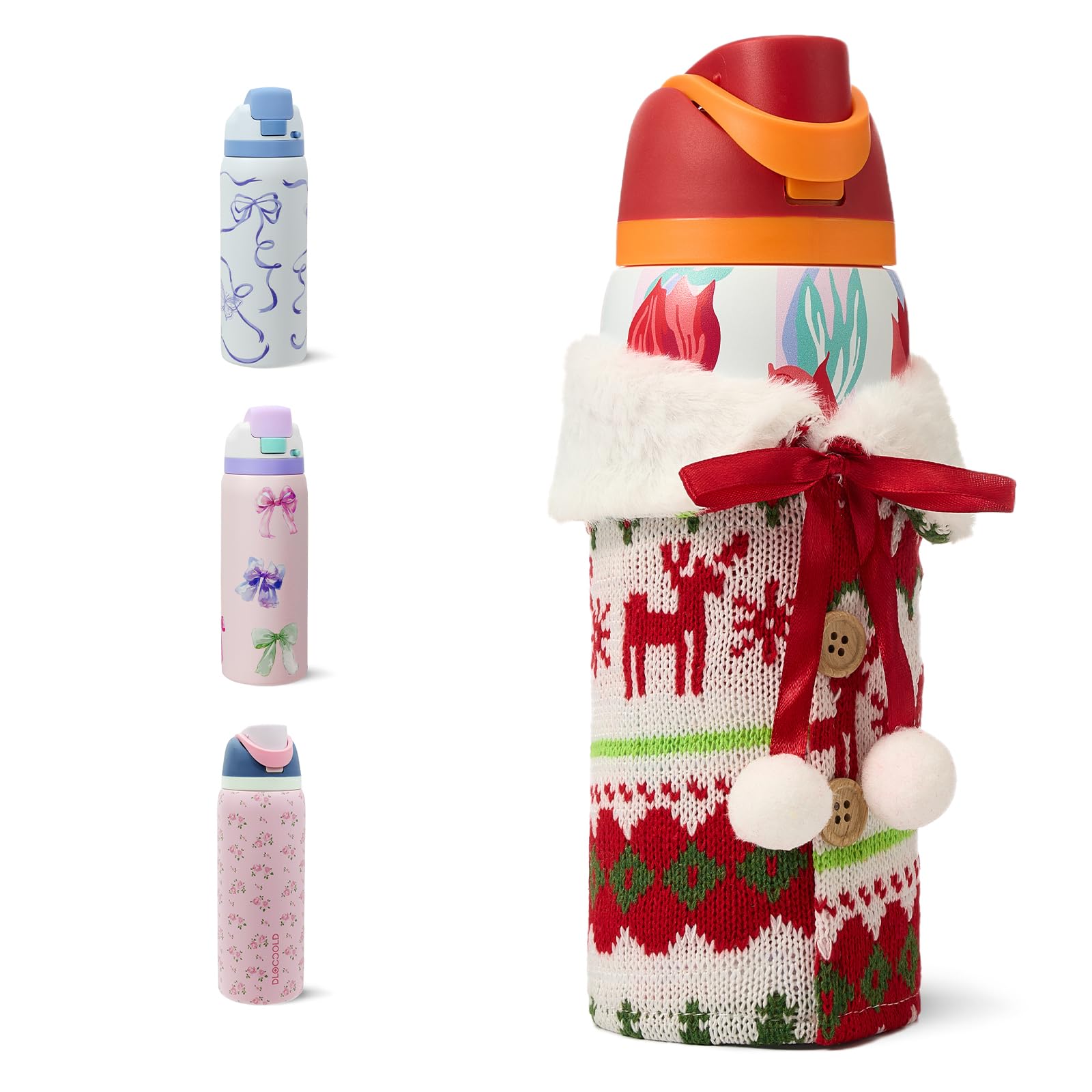 DLOCCOLD Insulated Stainless Steel Water Bottle with Straw for Sports, Travel, and School, 32oz Leak-Proof Sports Water Bottle with Bottle Cover, Sweater for Christmas Decorations