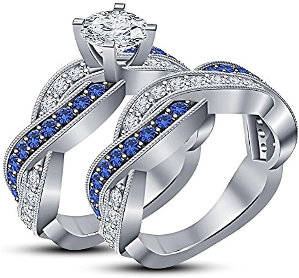 CrissCross Engagement Bridal Ring Set Rd Cut White CZ Diamond & Blue