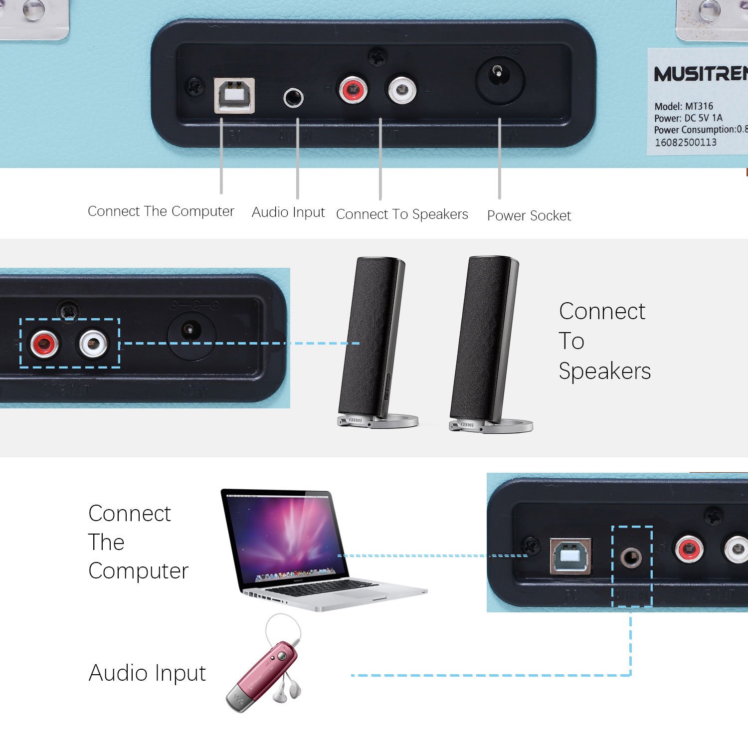 Musitrend Record Player Vinyl Turntable with Speakers, 3 Speed Suitcase Record Player Support Vinyl-to-MP3 Recording, Headphone Jack, Aux Input/RCA line Out (Blue)