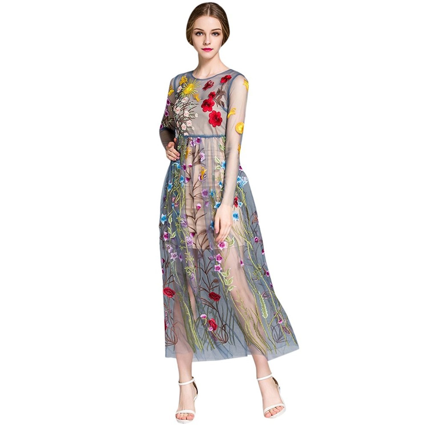 DEZZAL Women's Floral Embroidered Tulle Prom Maxi Dress with Cami Dress