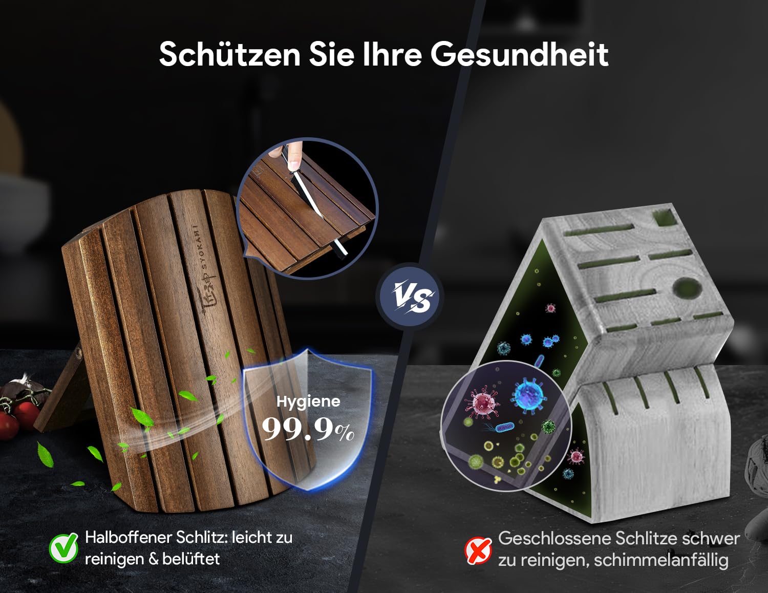 SYOKAMI Messerset 7-teiliges Küchenmesser-Set im japanischen Stil mit faltbarem magnetischem Akazienholzblock, scharfer Karbonstahl für die Küche mit rutschfestem ergonomischem Griff 2