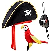 CUBACO Pirate Hat Costume for Cospaly, 3PCS Captain Hat Set Parrot Costume Adult Eye Patch Pirate Accessories Gift for Women Men Halloween School Shows and Theater Performance