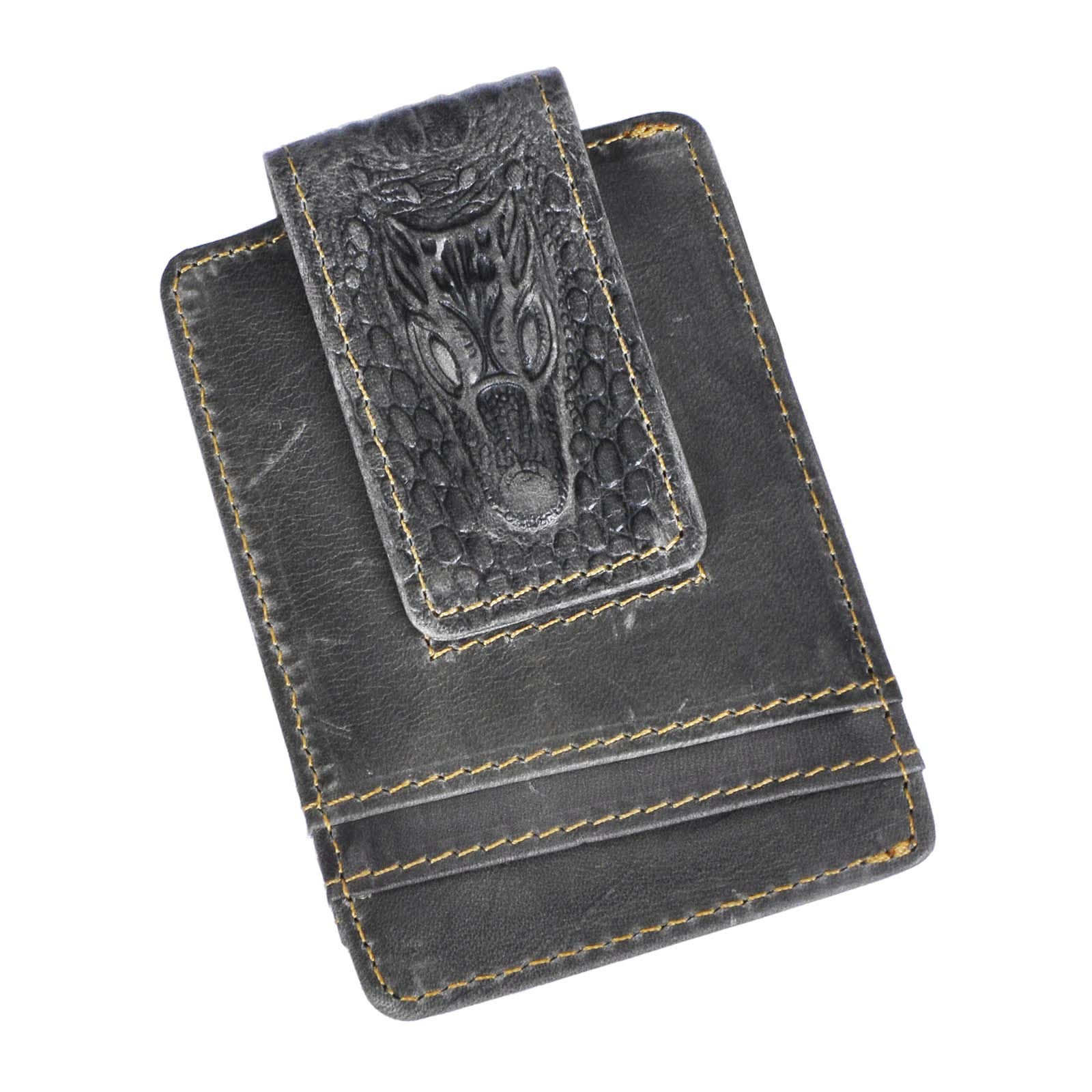 Le'aokuu Mens Genuine Leather Cowhide Magnet Money Clip Credit Case Case Holder Slim Wallet 1058 (1058 Crocodile Embossed Grey)