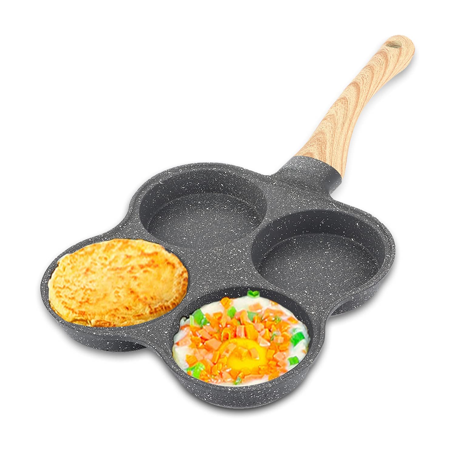 Jenngaoo 4-Cup Non-Stick Egg Frying Pan for Gas Stove & Induction Hob, Multipurpose Omelette Burger Pancake Pan with 4 Sections, Space-Saving Design & Ergonomic Wooden Handle