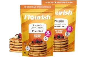 Flourish Protein Pancake & Waffle Mix, with Whey Protein & Flax Seed, No Added Sugar, High in Protein & Fiber - Just Add Water - Buttermilk Flavour, 430 g (2 Pack) - Made in Canada