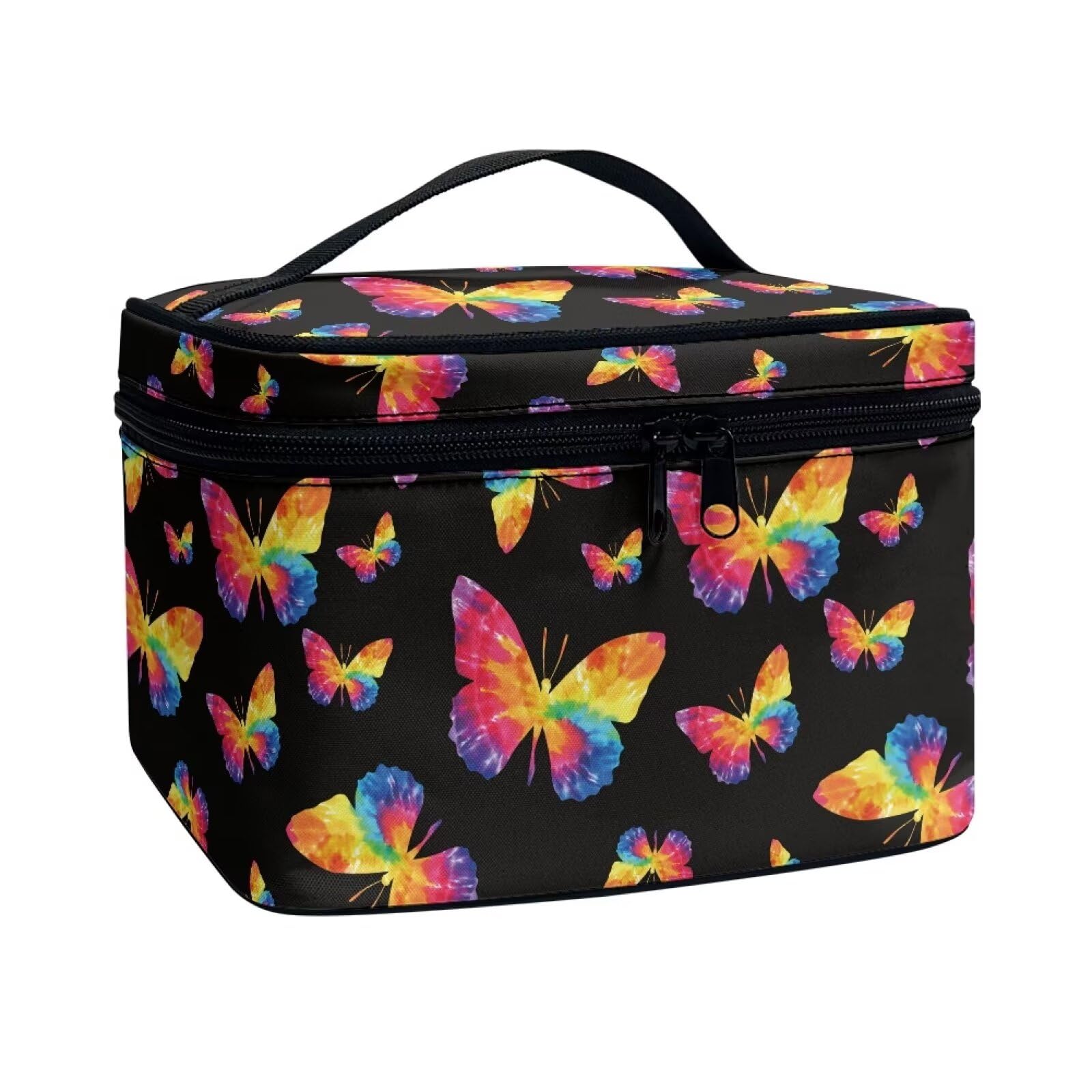 COEQINE Rainbow Tie Dye Print Makeup Bag with Zipper, Large Capacity Travel Makeup Bag Cosmetic Pouch with Zipper and Top Handles for Portable Travel,Black