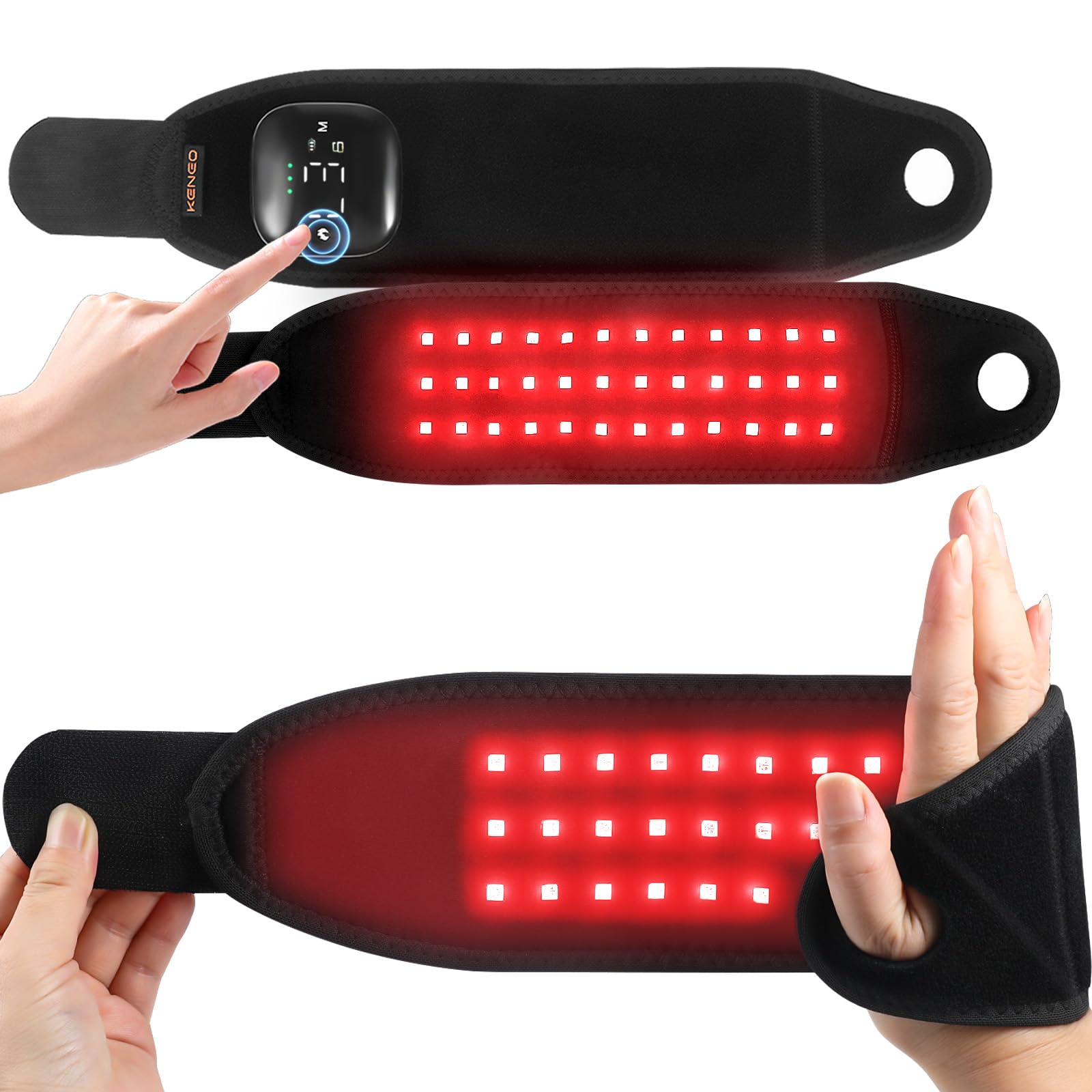 Photo 1 of Keneo Red Light Therapy Wristband for Hand & Wrist, 660nm & 850nm Near Infrared Light Device, 3 Heat & Vibration Massage Settings, 2000mAh Wireless, 36 LEDs for Comfort & Recovery (Black)
