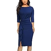 AISIZE Women's Retro 3/4 Sleeve Ruched Elegant Business Pencil Sheath Dress