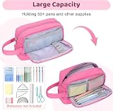 Alyvisun Large Capacity Pencil Case 3 Compartments Pink with Handle view 2