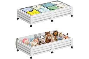 WISUCE Bamboo Under Bed Storage Containers- Underbed Organizer with Wheels with Large Dust Bag,Sturdy Wood Rolling Under the Bed Shoe Storage Organizer Drawer 2 Packs (White, Long)