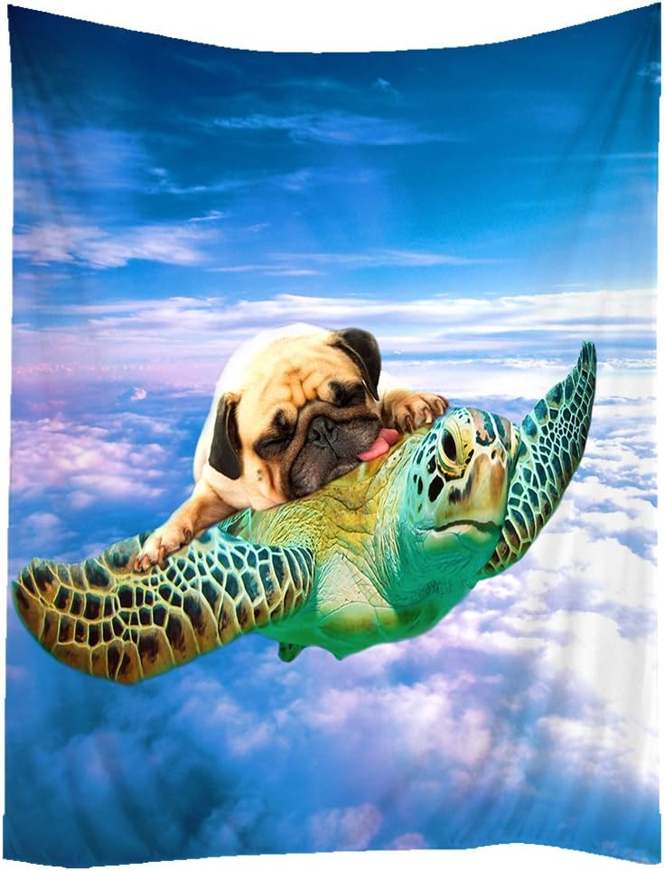 SXCHEN Hippie Tapestry Art Wall Hangings Tapestries Funny Turtle Pug Dog in The Sky 50"x60"
