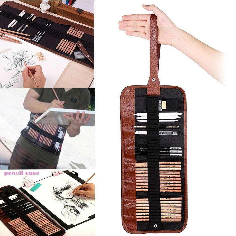 Skizze Bleistift Set,Morkia 18 Stück Skizzen Zeichnung Bleistifte für Skizzieren und Zeichnen mit Kohlestifte，Restehalte ,Reispapierstifte, Cutter, Radierer und Mäppchen Perfekt für Schreiben, Zeichnen und Skizzieren