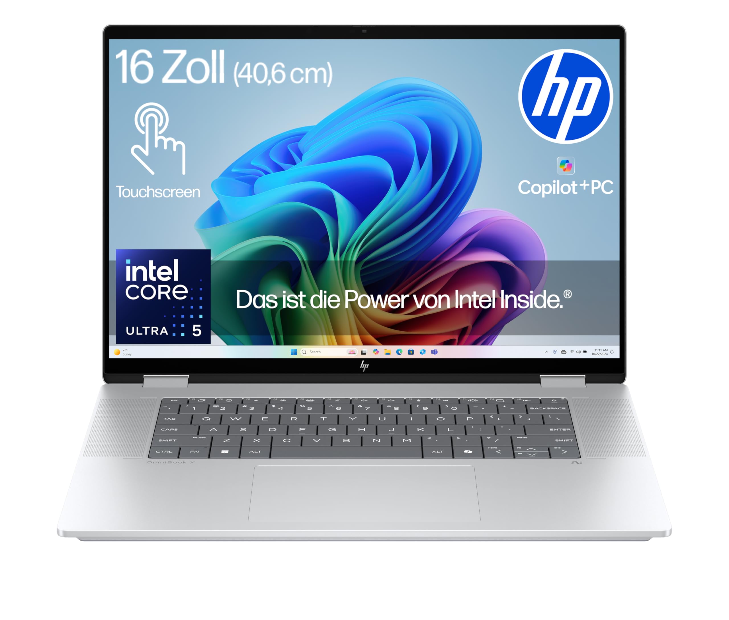 HP OmniBook X Flip NG AI Intel Core Ultra 5-226V (8C) 2in1 Laptop, Next Gen KI Copilot+ PC, 16" 2K 1920 x 1200 Touchscreen, 40 NPU Tops, 16GB LPDDR5X 8533, 512 GB SSD, Win 11, QWERTZ, Silber