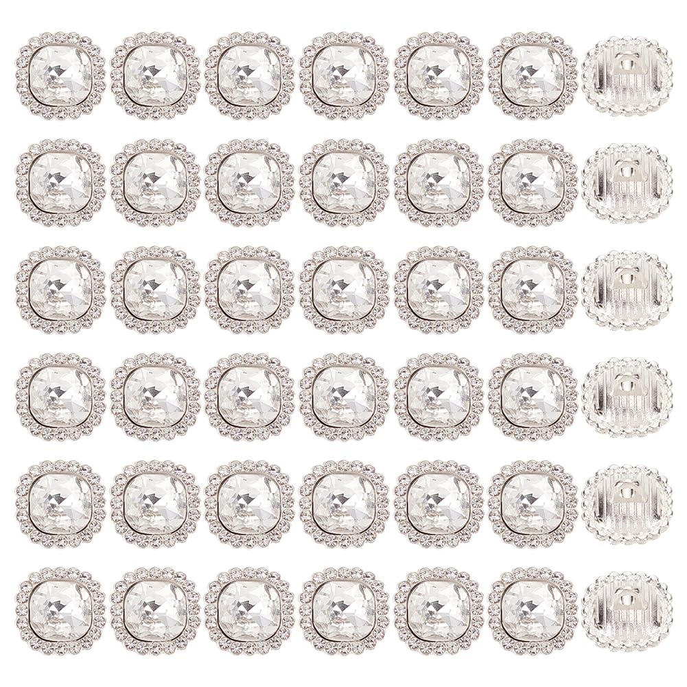 MAYJOYDIY 50 Pcs Square Rhinestone Crystal Buttons, 12mm 1-Hole Sliver Rhinestone Embellishments Sewing Button with Shank Handcraft Button for DIY Jewelry Wedding Decoration Hair Accessories