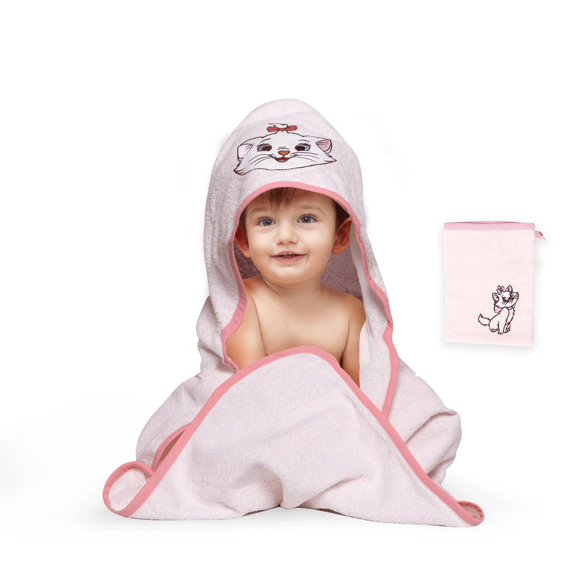 Disney Home Marie Cat Baby Hooded Towel Set for up to 5 Years, Soft and Absorbent, Oeko-Tex Certified, 2-Piece, Hooded Towel 80 x 80 cm, Wash Cloth 15 x 20 cm