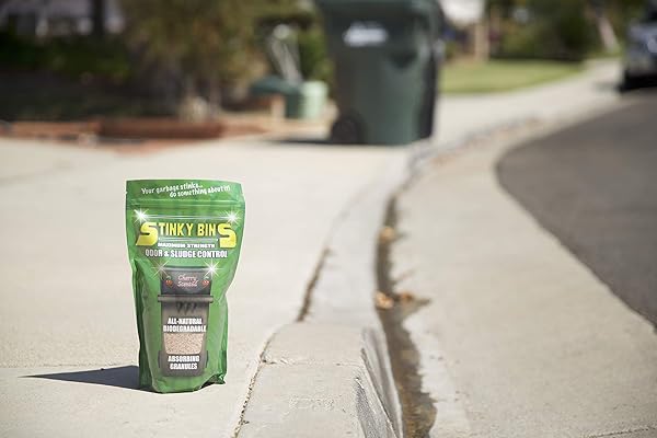 STINKY BINS GARBAGE ODOR ELIMINATOR – CHERRY SCENTED ABSORBING GRANULES FOR TRASH BINS, DUMPSTERS, GARBAGE CANS, AND OUTDOOR WASTE – ALL-NATURAL SLUDGE CONTROL AND DEODORIZER – 24 OZ BAG