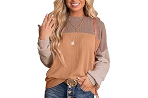 Dokotoo Womens Tops Fashion 2025 Color Block Long Sleeve Shirts Crewneck Knitted Casual Loose Pullover Blouses