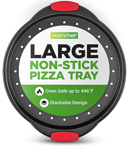 NutriChef 13-Inch Nonstick Pizza Tray - Round Carbon Steel Non-Stick Pizza Baking Pan with Perforated Holes, Premium Bakeware Pizza Screen with Silicone Grip Handles, Dishwasher Safe - NCBPIZ1