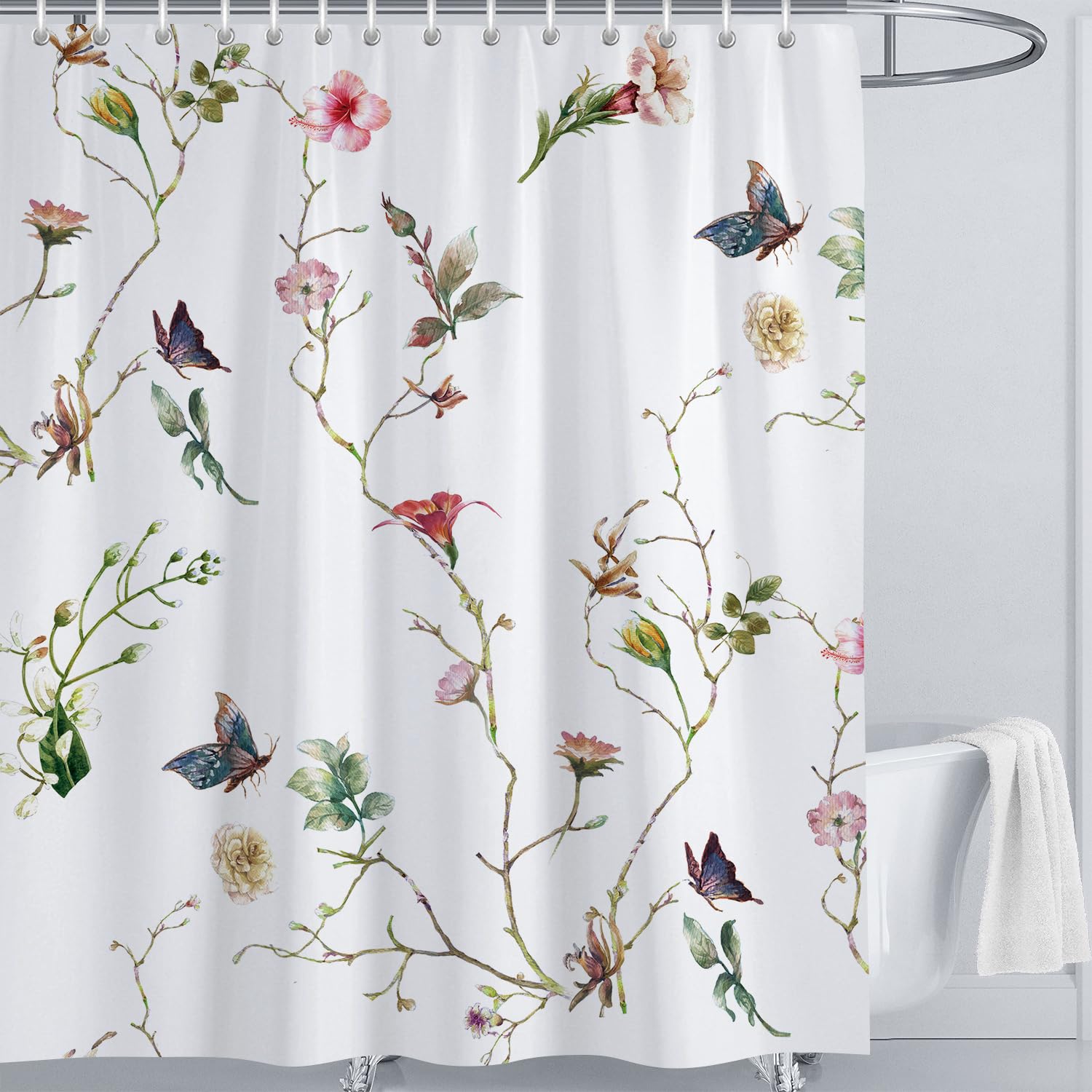 LIVETTY Shower Curtain Floral Shower Curtains 180x180cm Mould Proof Butterfly Fabric Bathroom curtain For Women & Men With 12 Hooks Washable Quick-Drying Curtains — image 1