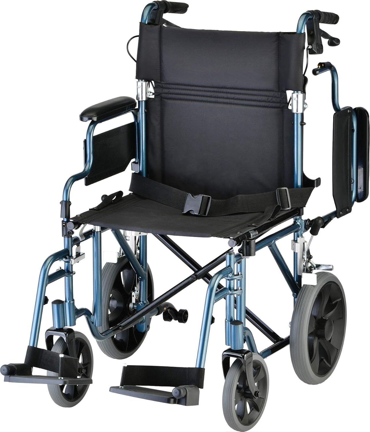 NOVA Lightweight Transport Chair with Locking Hand Brakes, 12” Rear Wheels, Removable & Flip Up Arms for Easy Transfer, Anti-Tippers Included, Blue: Health & Personal Care