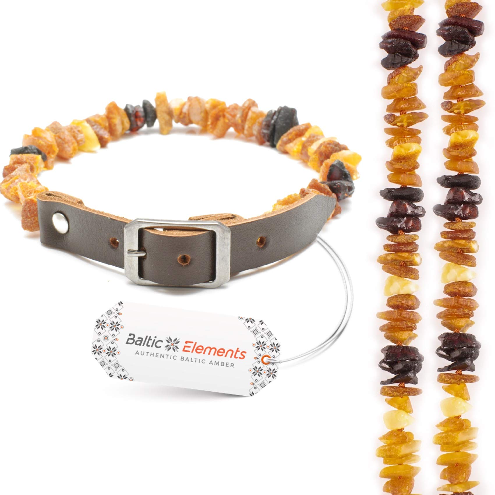 Raw Baltic Amber Collar for Dogs and Cats with real adjustable Leather Strap for small, medium and big dogs and cats - made from 100% Genuine Baltic Amber Beads (40-45 CM)