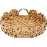 GYASVWU Water Hyacinth Scalloped Tray with Handles,Round Wicker Serving Trays for Coffee Table,Woven Tray for Ottoman Decorative and Organizer Trays (Water Hyacinth)