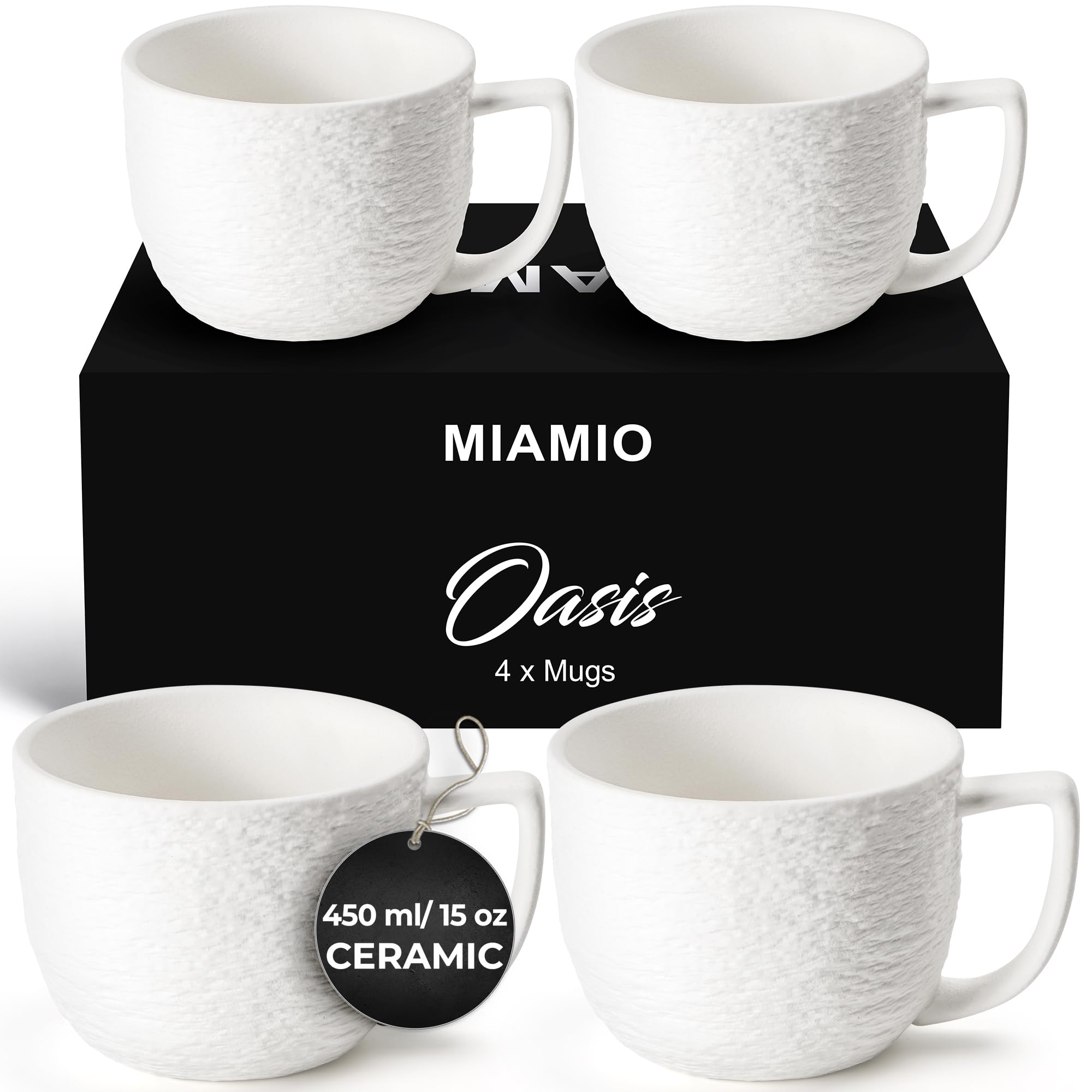MIAMIO - Coffee Mug Set of 4 x 450 ml Cups / White Mugs Ceramic with Embossed Rock Texture for Coffee, Latte, Tea - Oasis Collection — image 1