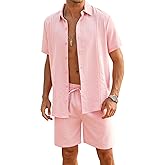 LecGee Linen Sets For Men Button Down Cuban Guayabera Shirt Shorts Set 2 Piece Linen Outfits