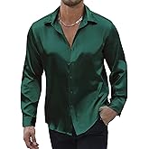 Vssjavun Mens Silk Satin Shirts Long Sleeve Button Down Loose Fit Dress Shirt Luxury Party Prom Wedding Shirts