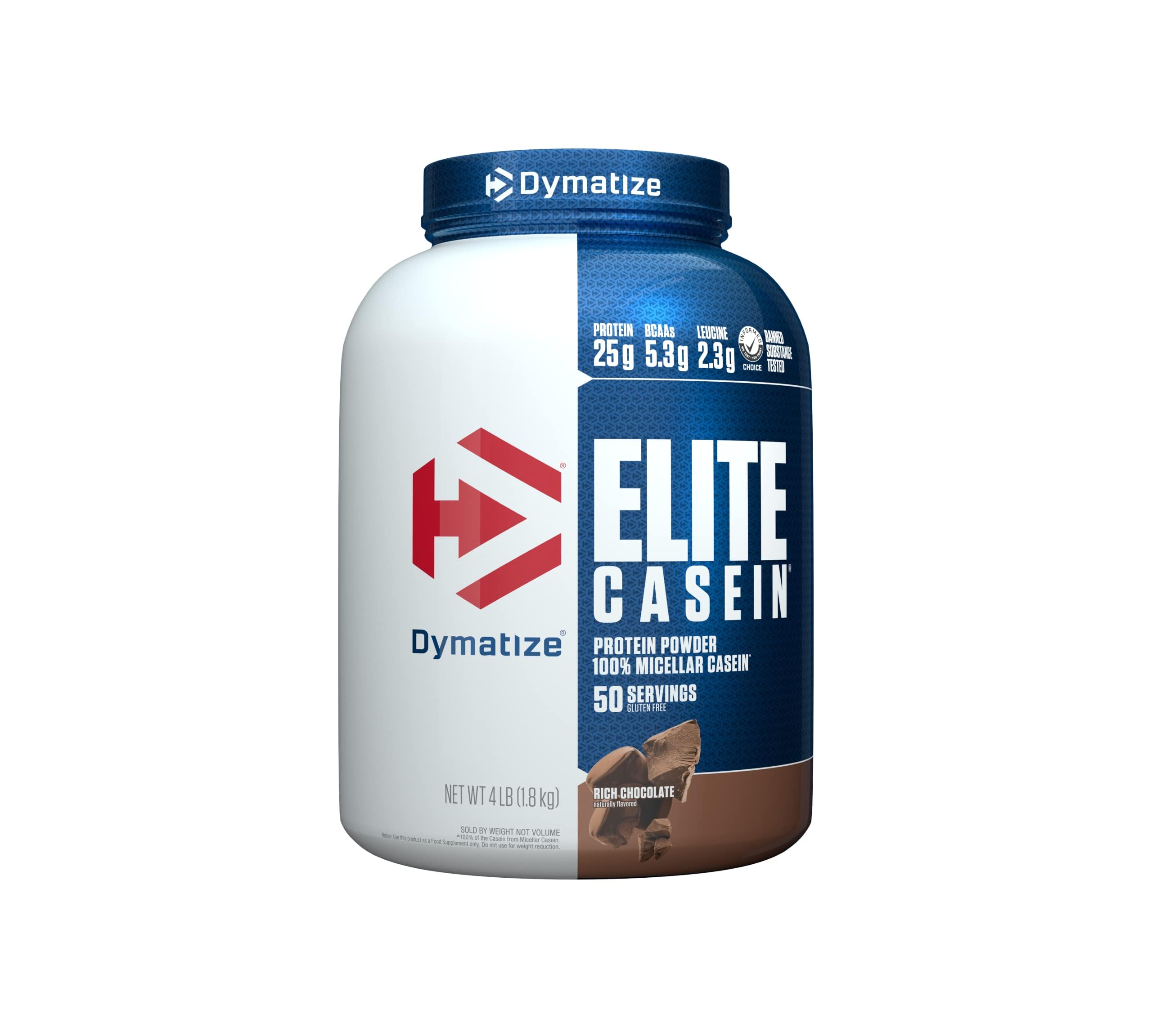 Dymatize Elite Casein Protein Powder, Chocolate, 100% Micellar Casein, 25g Protein, 5.4g BCAAs, 2.3g Leucine, Slow Absorbing for Overnight Muscle Recovery, 4 lb (50 Servings)