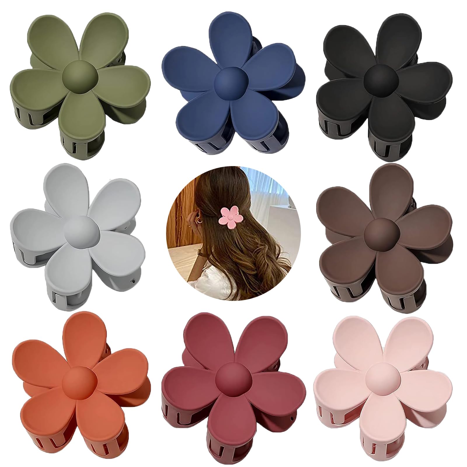 Senshuomy 8Pcs Flower Claw Clips,Matte Flower Hair Clips,Cute Claw Clips for Thick Hair,Non-Slip Strong Hold Hair Styling Accessories for Medium to Thick Haired Women and Girls(Dark Color)