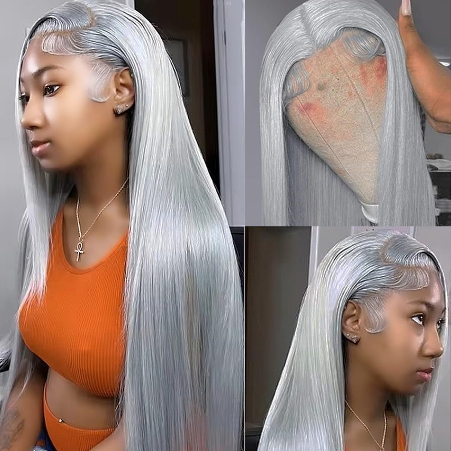 Photo 1 of Valiilo Grey Lace Front Wig 13x6 Silver Grey Wig Human Hair Pre Plucked Straight Lace Front Wigs Human Hair 20 Inch Glueless HD Lace Frontal Wigs Colored