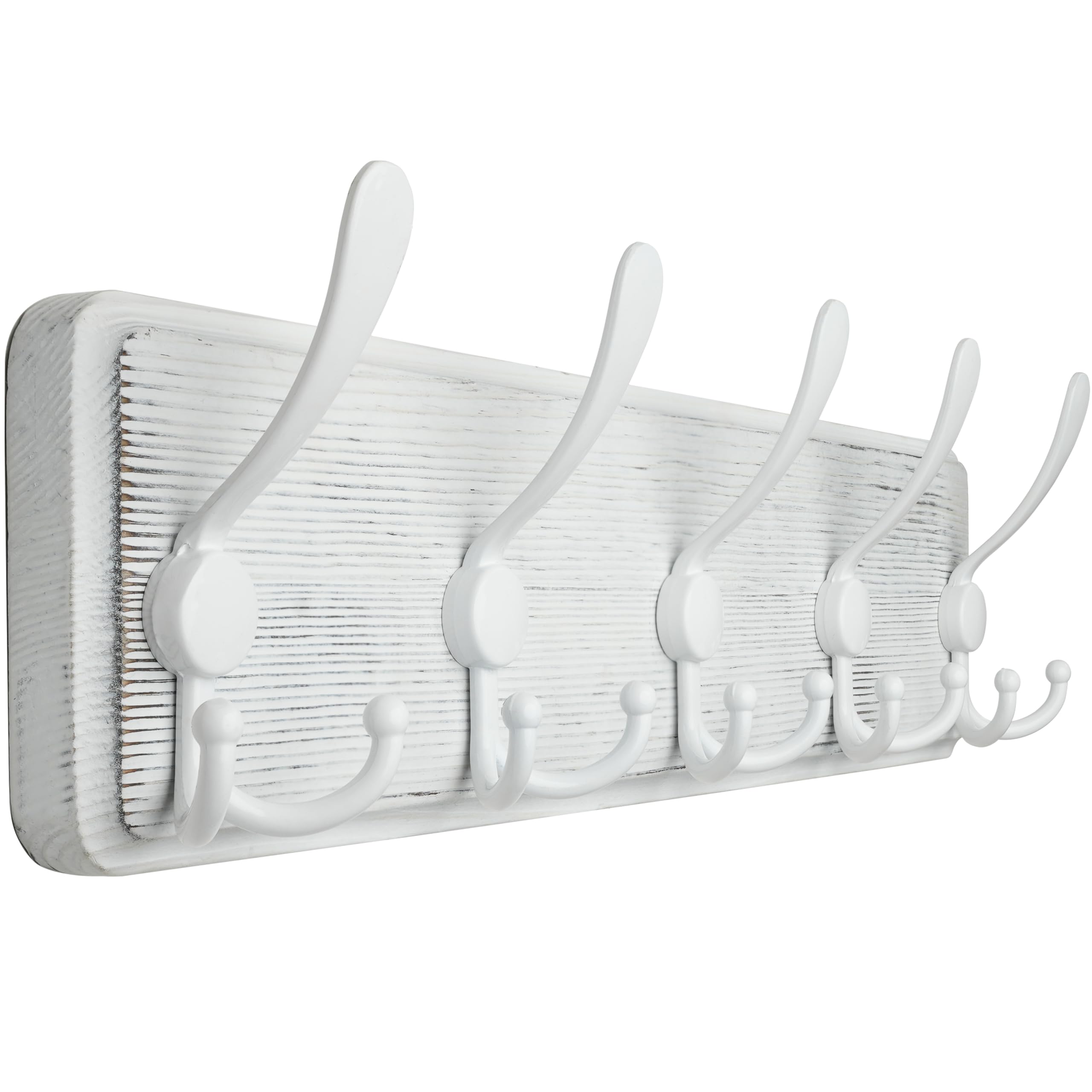 WEBI Coat Rack Wall Mounted,Wood Coat Hooks Wall Mount,16" Hole to Hole,Coat Hanger Wall Hook Rack Rail,5 Triple Hooks for Hanging Coats,Hats,Jacket,Clothes,Entryway,Rustic White