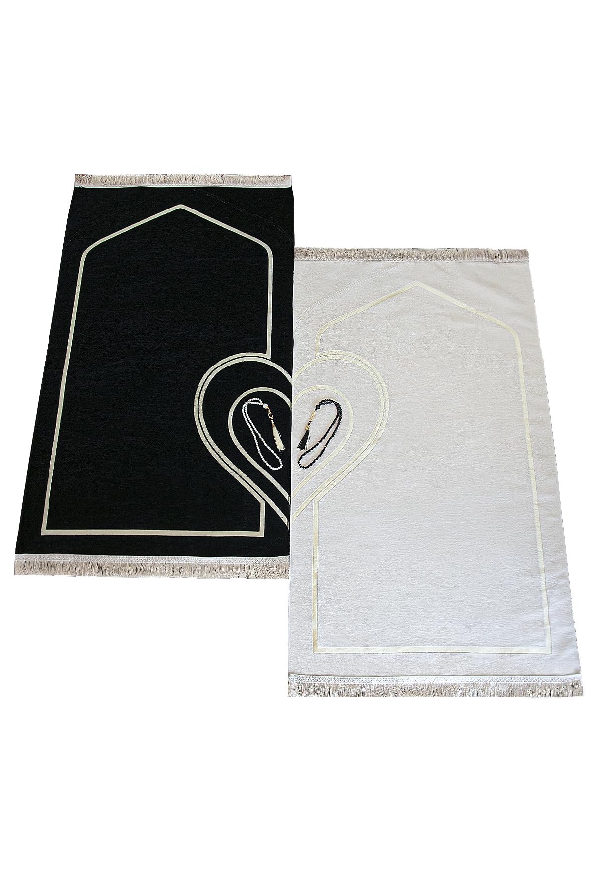 ihvan online Muslim Prayer Rug for Couples, Praying Mat Set for Women & Men, Soft Prayers Matt with Prayer Beads, Islamic Gifts for Ramadan Eid, Two Pieces, White-Black