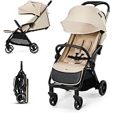 Kinderkraft APINO Lightweight Stroller, Auto Folding, Beige | Compact Travel, Newborn to Toddler, Reclining Seat, 5-Point Harness