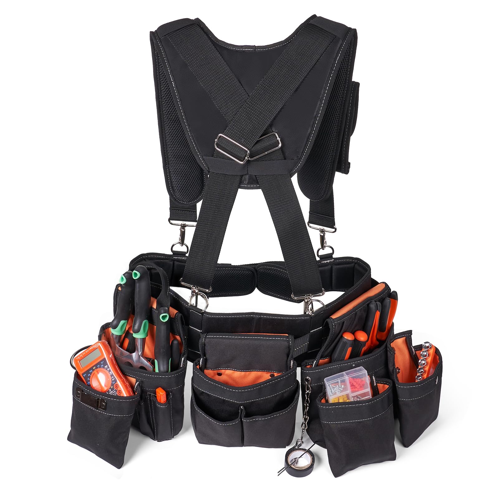 Photo 1 of Tool Belt With Suspenders - Tool Belts for Men, 22 Pockets Tool Belt, Heavy Duty Tool Organizer for Framers Carpenter Electrician Construction Woodworker Orange